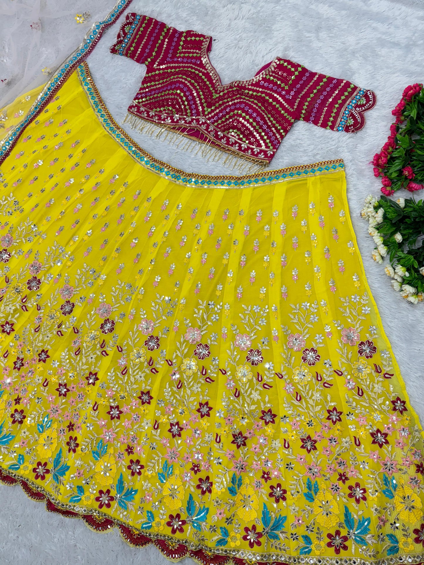 Function Wear Multi Work Yellow Color Lehenga Choli