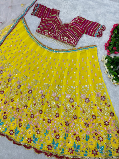 Function Wear Multi Work Yellow Color Lehenga Choli
