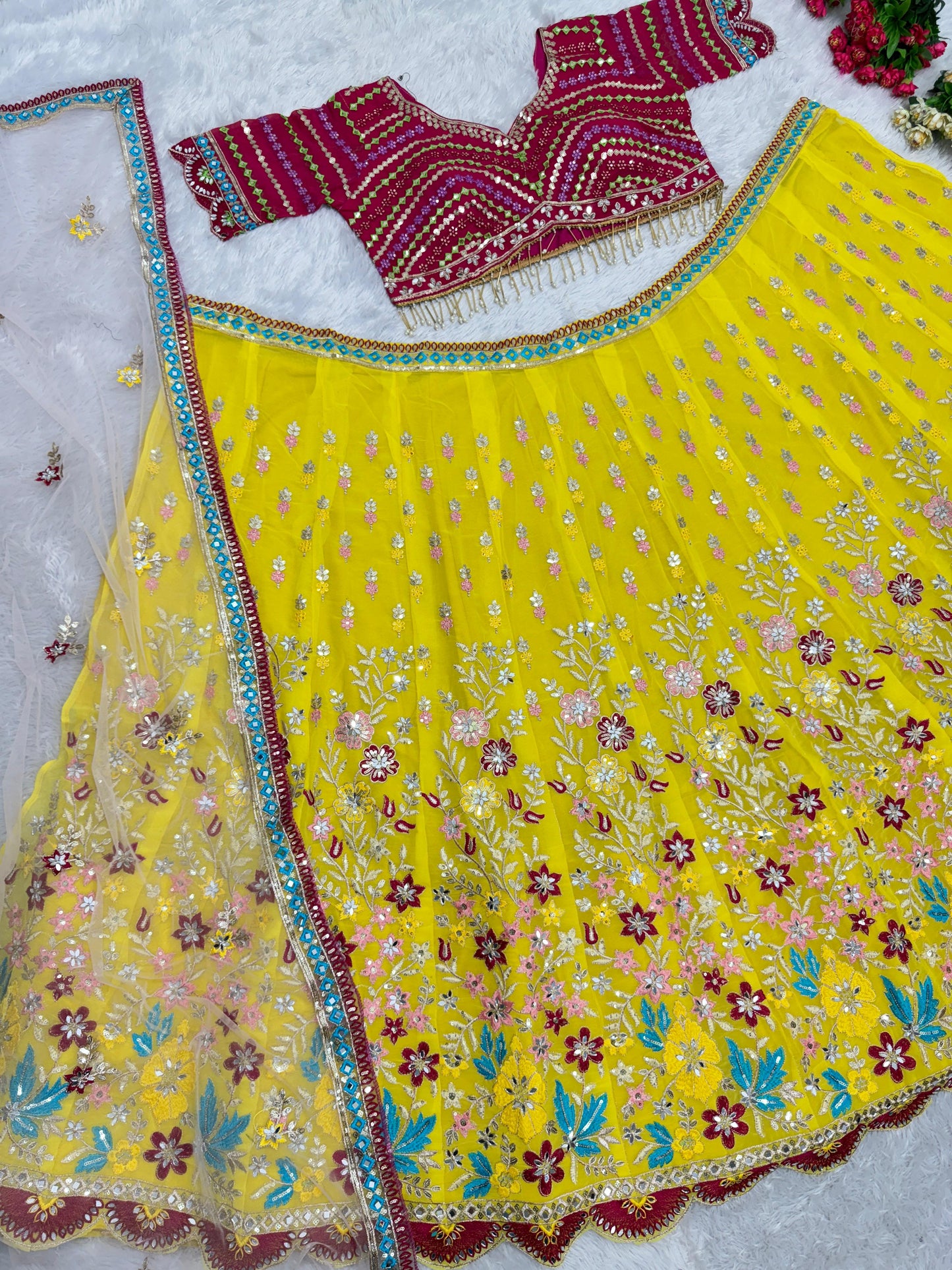 Function Wear Multi Work Yellow Color Lehenga Choli