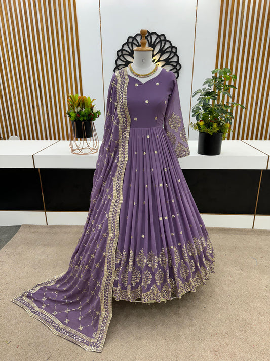Mesmerizing Embroidery Sequence Work Onion Color Long Gown