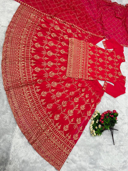 Beautiful Chine Stitch Work Red Color Lehenga With Top