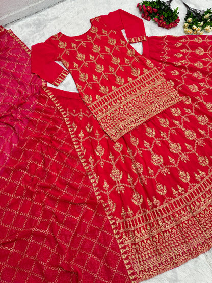 Beautiful Chine Stitch Work Red Color Lehenga With Top