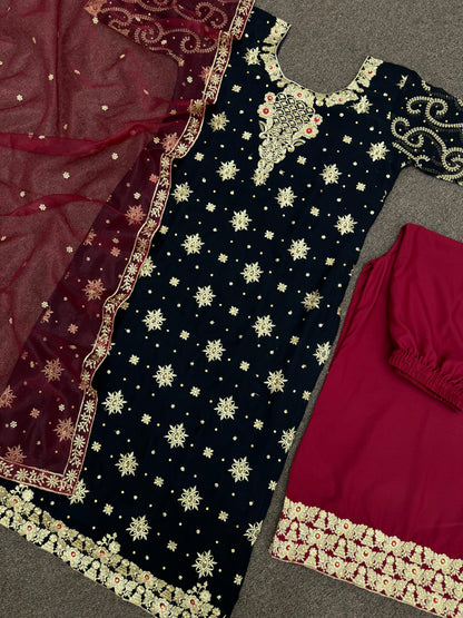Stylish Black And Red Color Work Salwar Suit