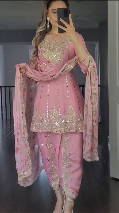 Gorgeous Embroidery Work Light Pink Color Dhoti Suit