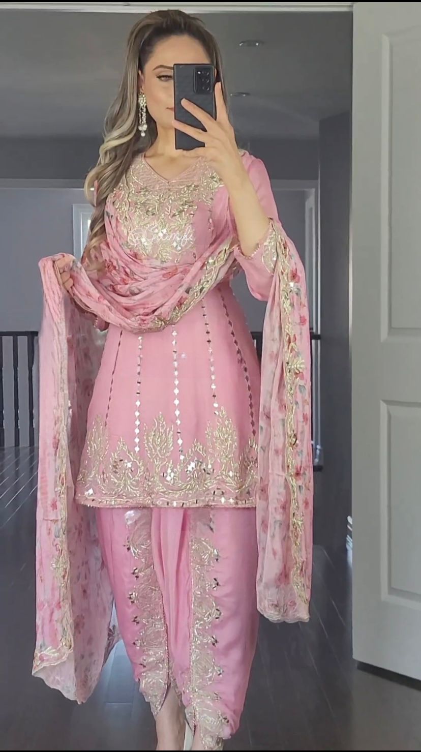 Gorgeous Embroidery Work Light Pink Color Dhoti Suit