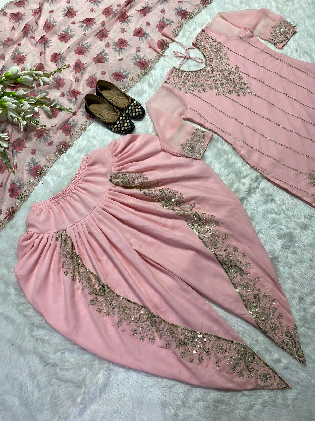 Gorgeous Embroidery Work Light Pink Color Dhoti Suit