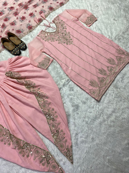 Gorgeous Embroidery Work Light Pink Color Dhoti Suit