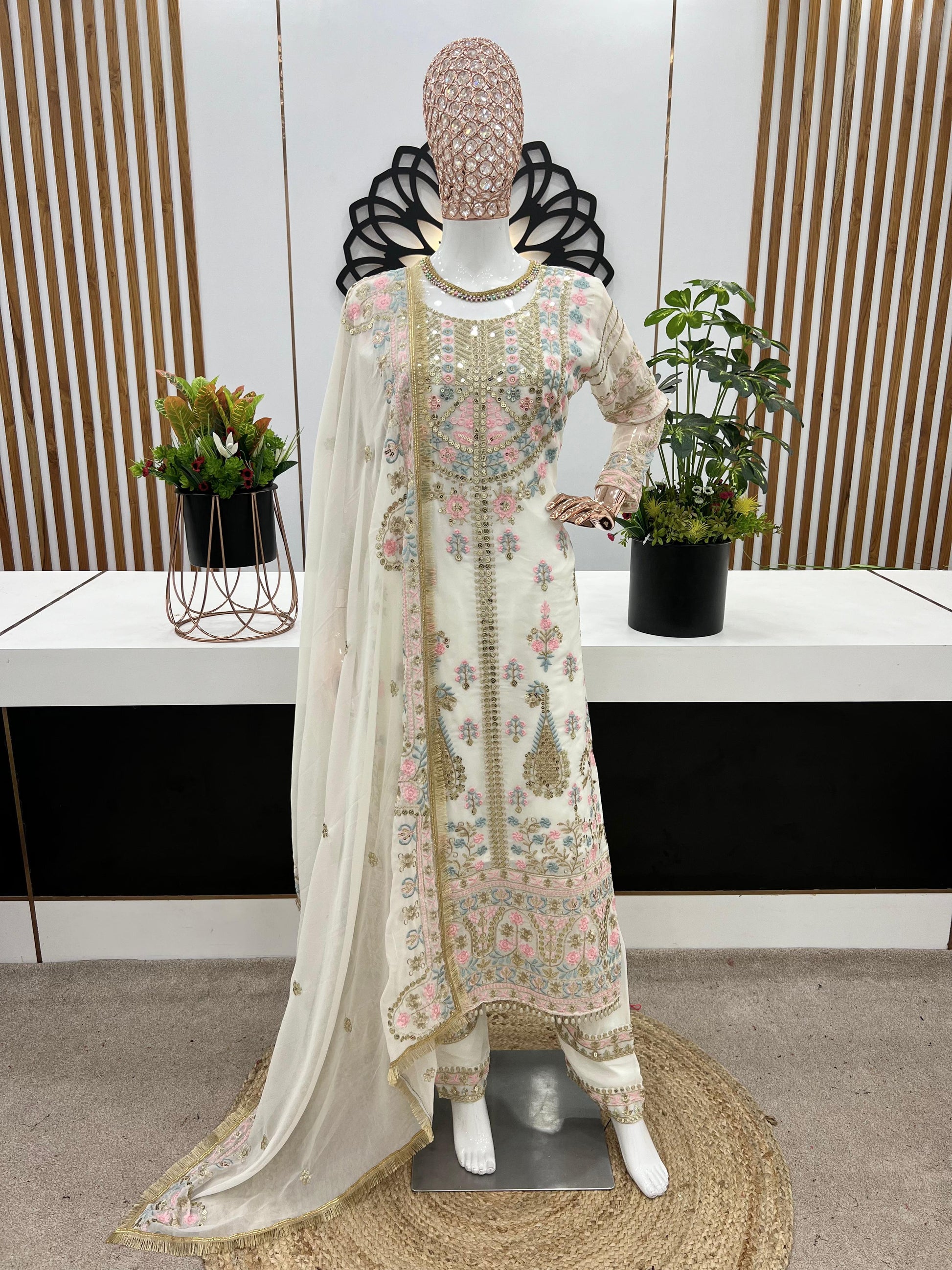 Demanding Embroidery Sequence Work White Color Anarkali Suit