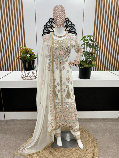 Demanding Embroidery Sequence Work White Color Anarkali Suit
