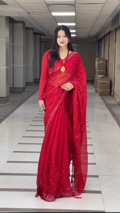 Embellished Work Red Color Party Wear Saree