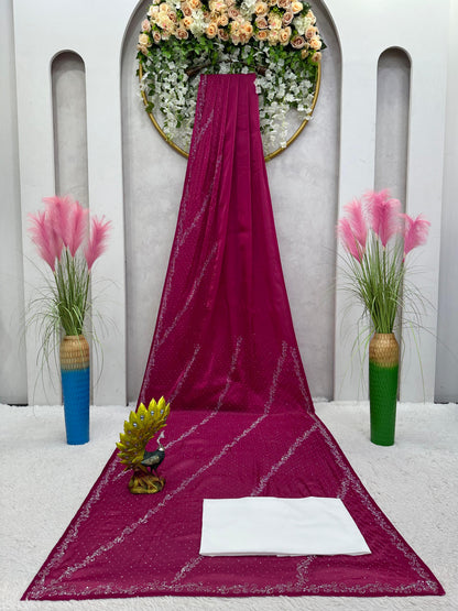 Embellished Work Wine Color Party Wear Saree