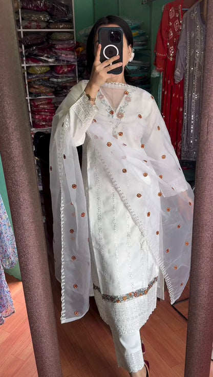 White Color Sequence Embroidery Thread Work Salwar Suit