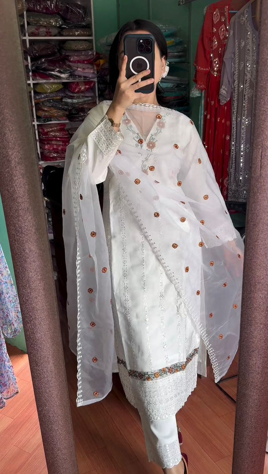 White Color Sequence Embroidery Thread Work Salwar Suit