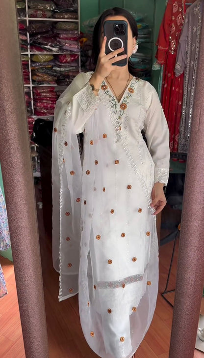 White Color Sequence Embroidery Thread Work Salwar Suit