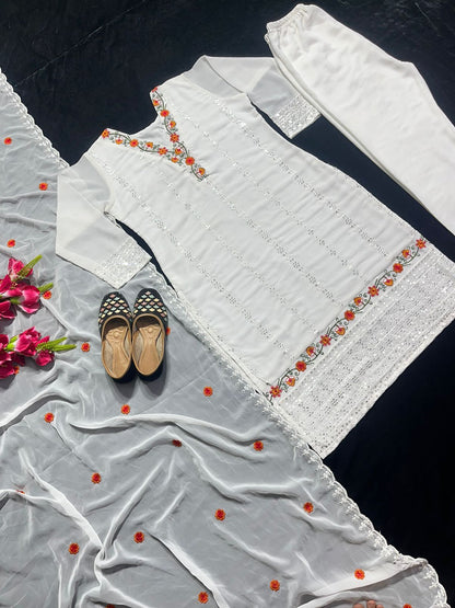 White Color Sequence Embroidery Thread Work Salwar Suit