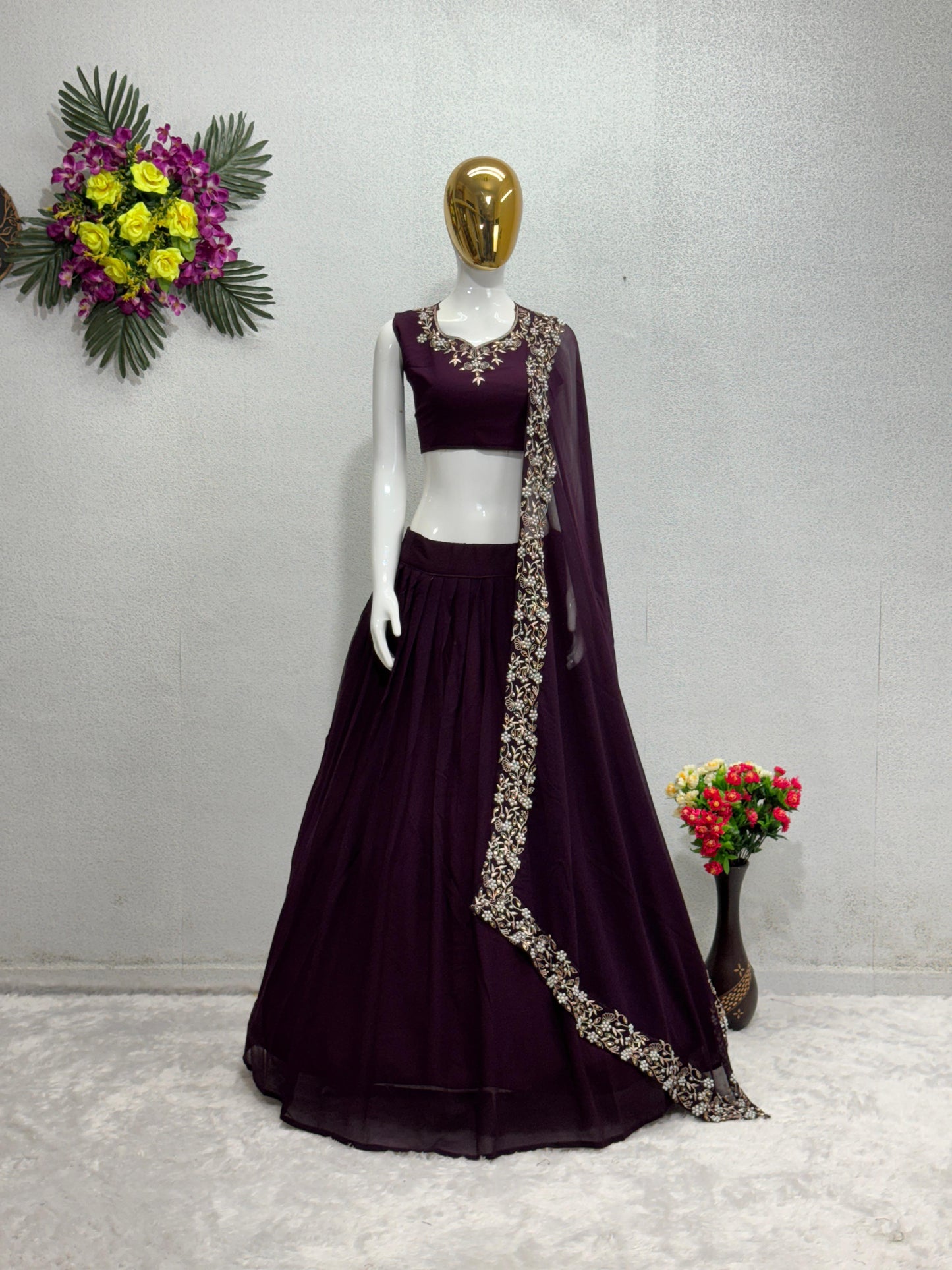 Fabulous Embroidery Moti Hand Work Wine Color Lehenga Choli