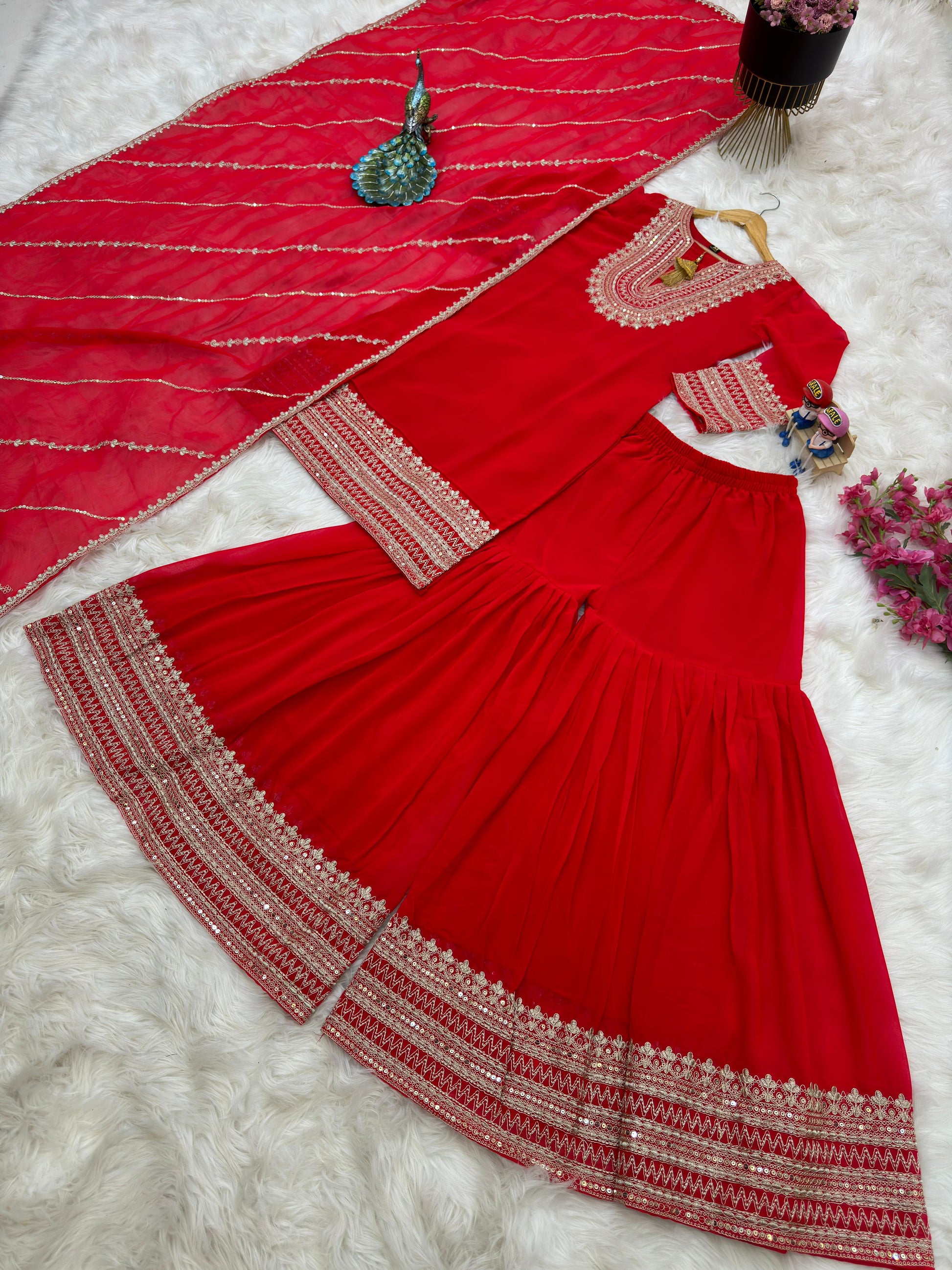 Glorious Coding Sequence Embroidery Red Color Sharara Suit