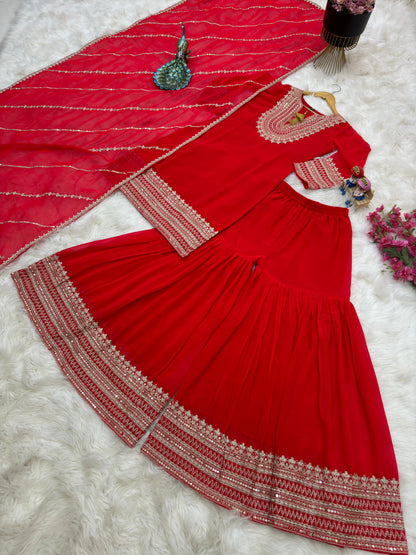 Glorious Coding Sequence Embroidery Red Color Sharara Suit