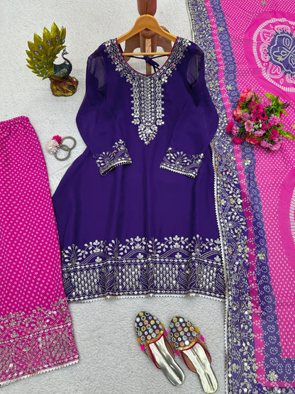 Purple Top With Pink Bandhani Sharara And Dupatta