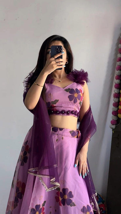 Party Wear Onion Color Organza Lehenga Choli