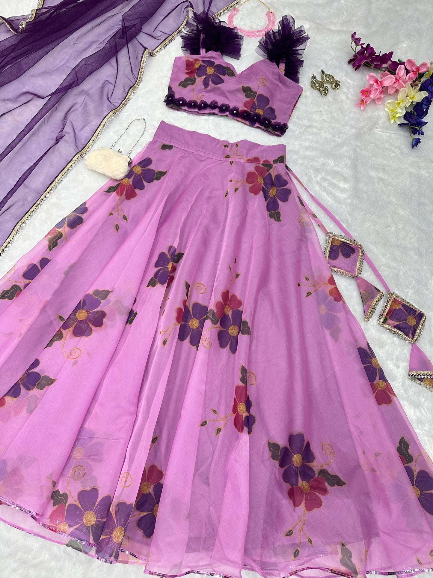 Party Wear Onion Color Organza Lehenga Choli