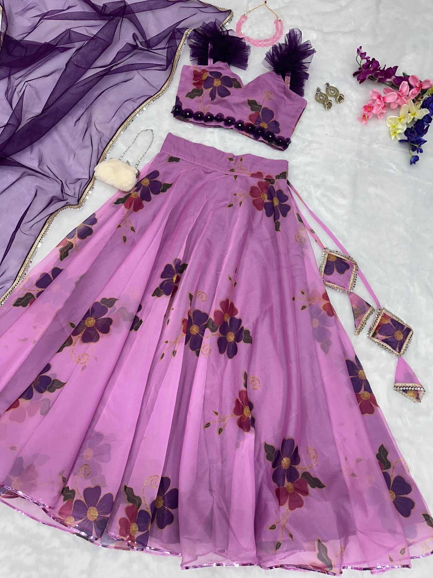 Party Wear Onion Color Organza Lehenga Choli