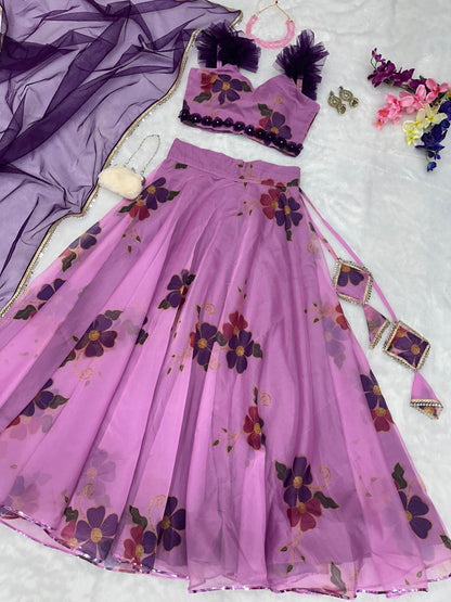 Party Wear Onion Color Organza Lehenga Choli