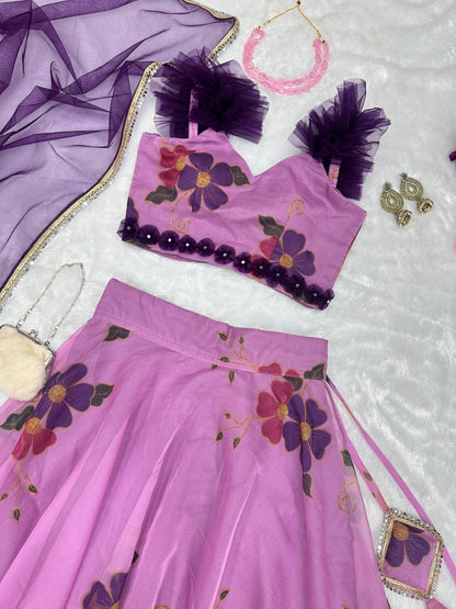 Party Wear Onion Color Organza Lehenga Choli