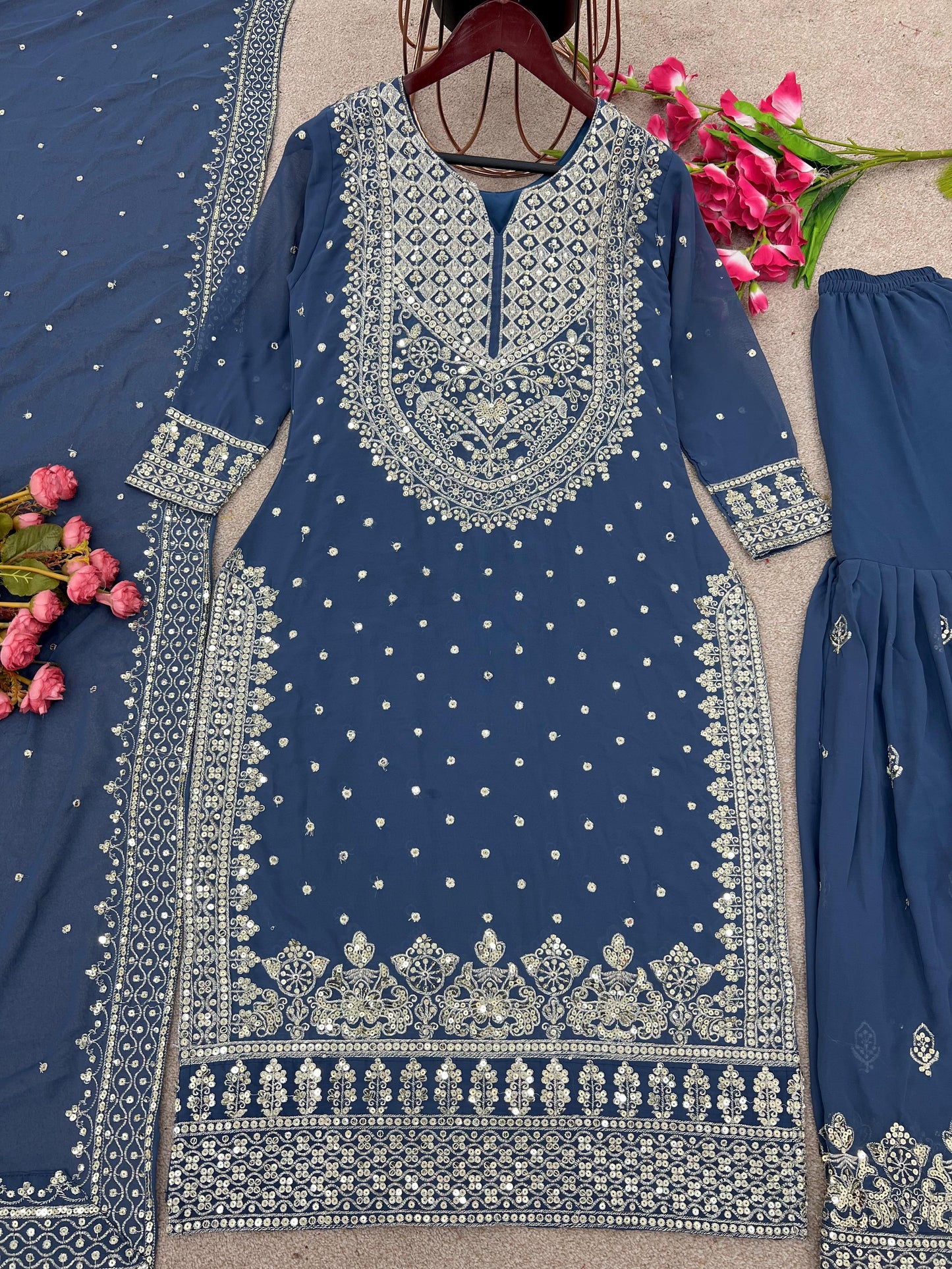 Decent Embroidery Sequence Work Rama Color Sharara Suit