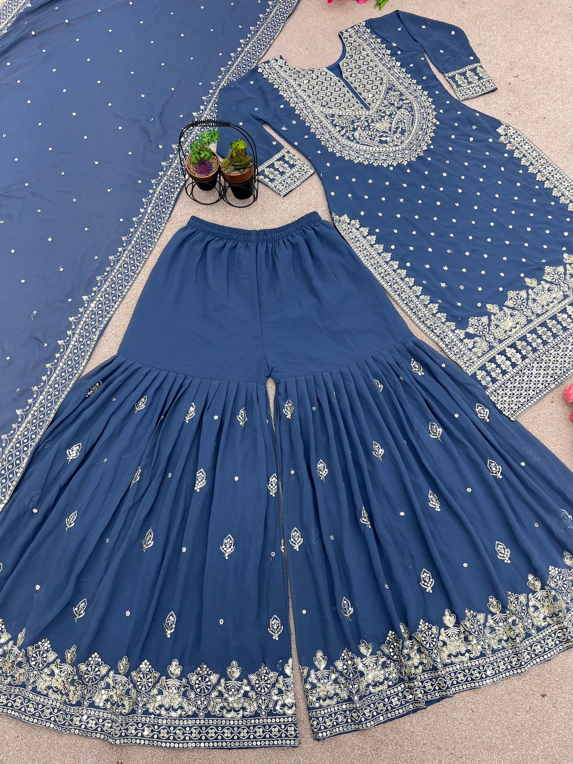 Decent Embroidery Sequence Work Rama Color Sharara Suit