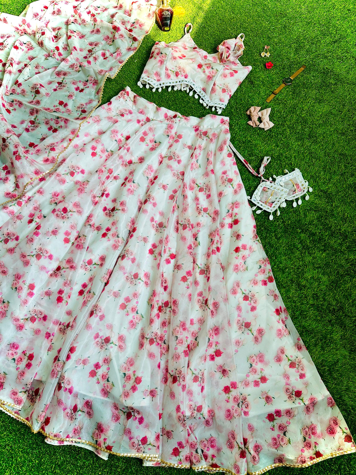 Beautiful Print White Color Organza Lehenga Choli
