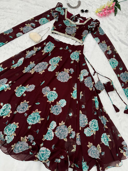 Flower Print Maroon Color Fancy Sleeve Lehenga Choli