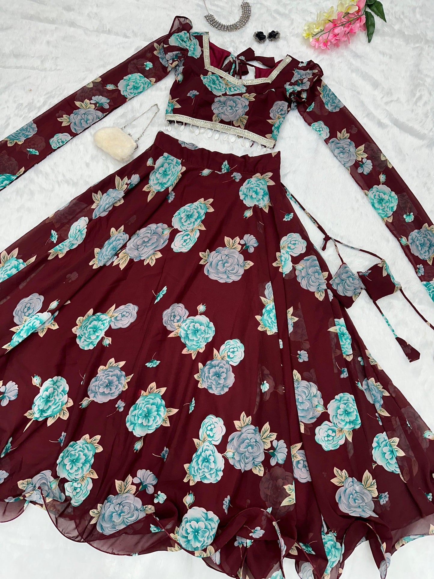 Flower Print Maroon Color Fancy Sleeve Lehenga Choli