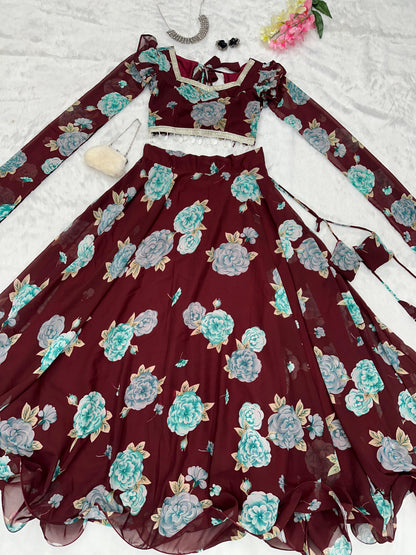 Flower Print Maroon Color Fancy Sleeve Lehenga Choli
