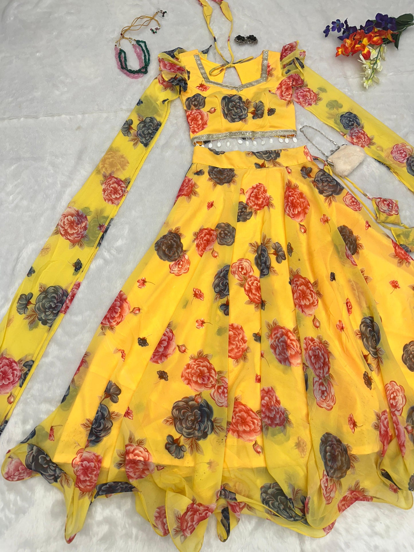 Flower Print Yellow Color Fancy Sleeve Lehenga Choli