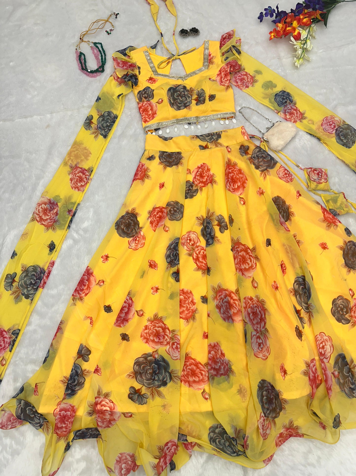 Flower Print Yellow Color Fancy Sleeve Lehenga Choli