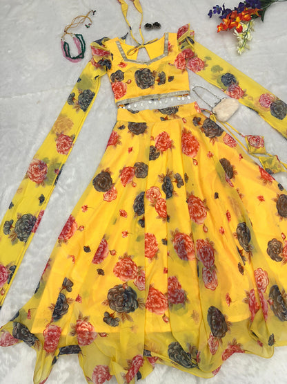 Flower Print Yellow Color Fancy Sleeve Lehenga Choli