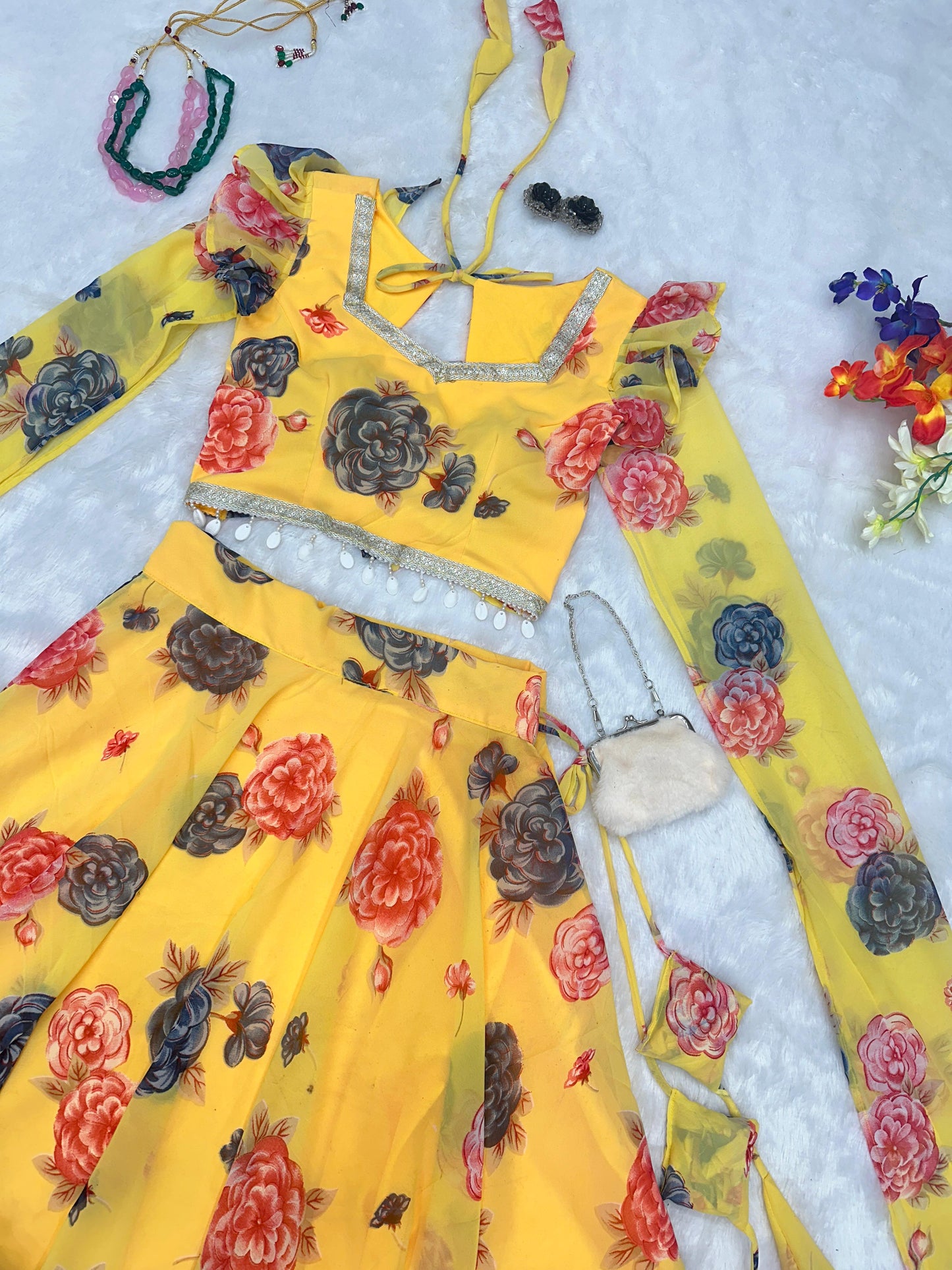 Flower Print Yellow Color Fancy Sleeve Lehenga Choli