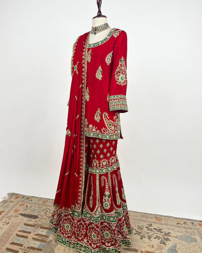 Fantastic Red Color Embroidery Work Heavy Sharara Suit