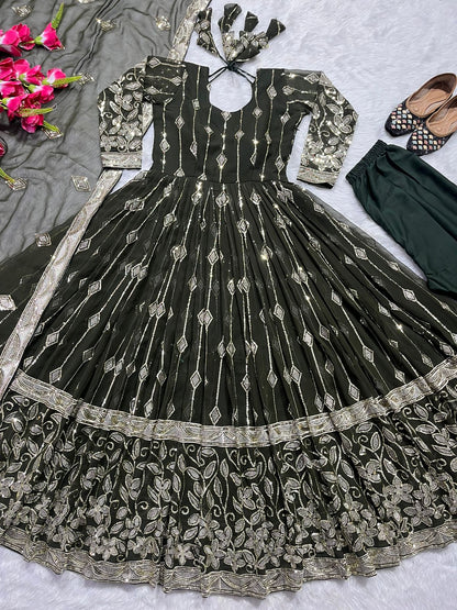 Delightful Sequence Work Mehndi Color Anarkali Suit
