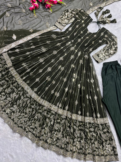 Delightful Sequence Work Mehndi Color Anarkali Suit