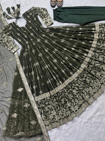 Delightful Sequence Work Mehndi Color Anarkali Suit