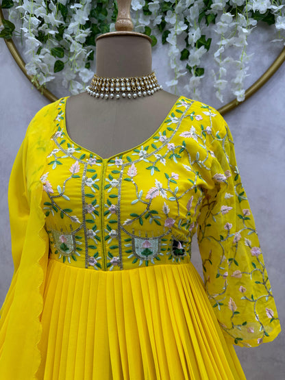 Yellow Color Thread Work Festive Wear Gown