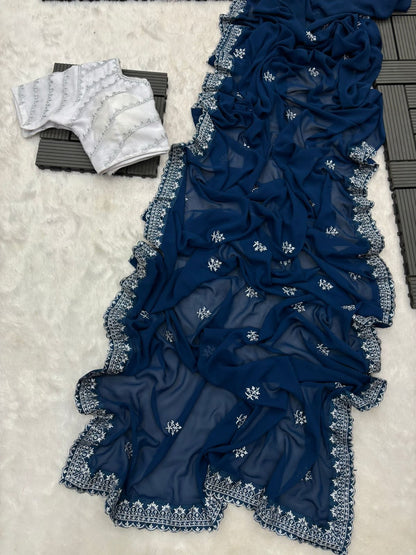 Terrific Navy Blue Color Embroidery Design Work Saree