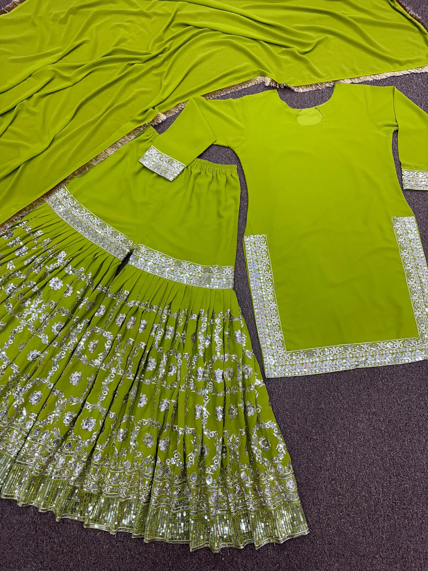 Admiring Embroidery Work Parrot Green Sharara Suit
