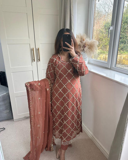 Innovative Work Peach Color Salwar Suit With Dupatta