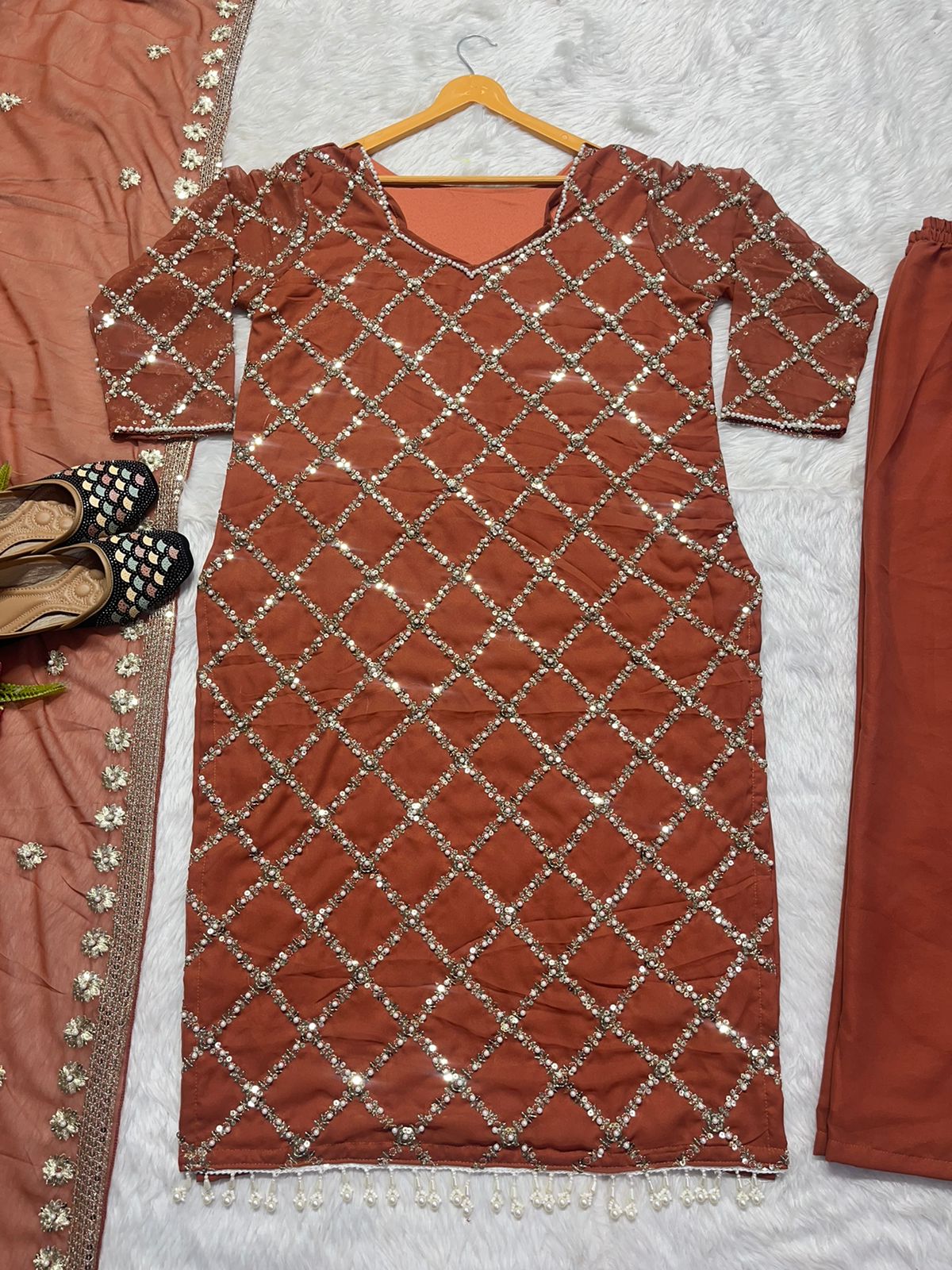 Innovative Work Peach Color Salwar Suit With Dupatta