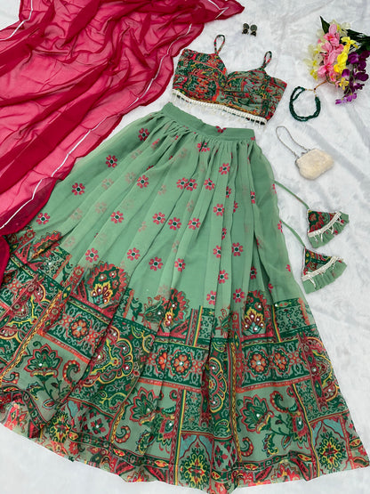 Wonderful Digital Printed Pista Green Lehenga Choli