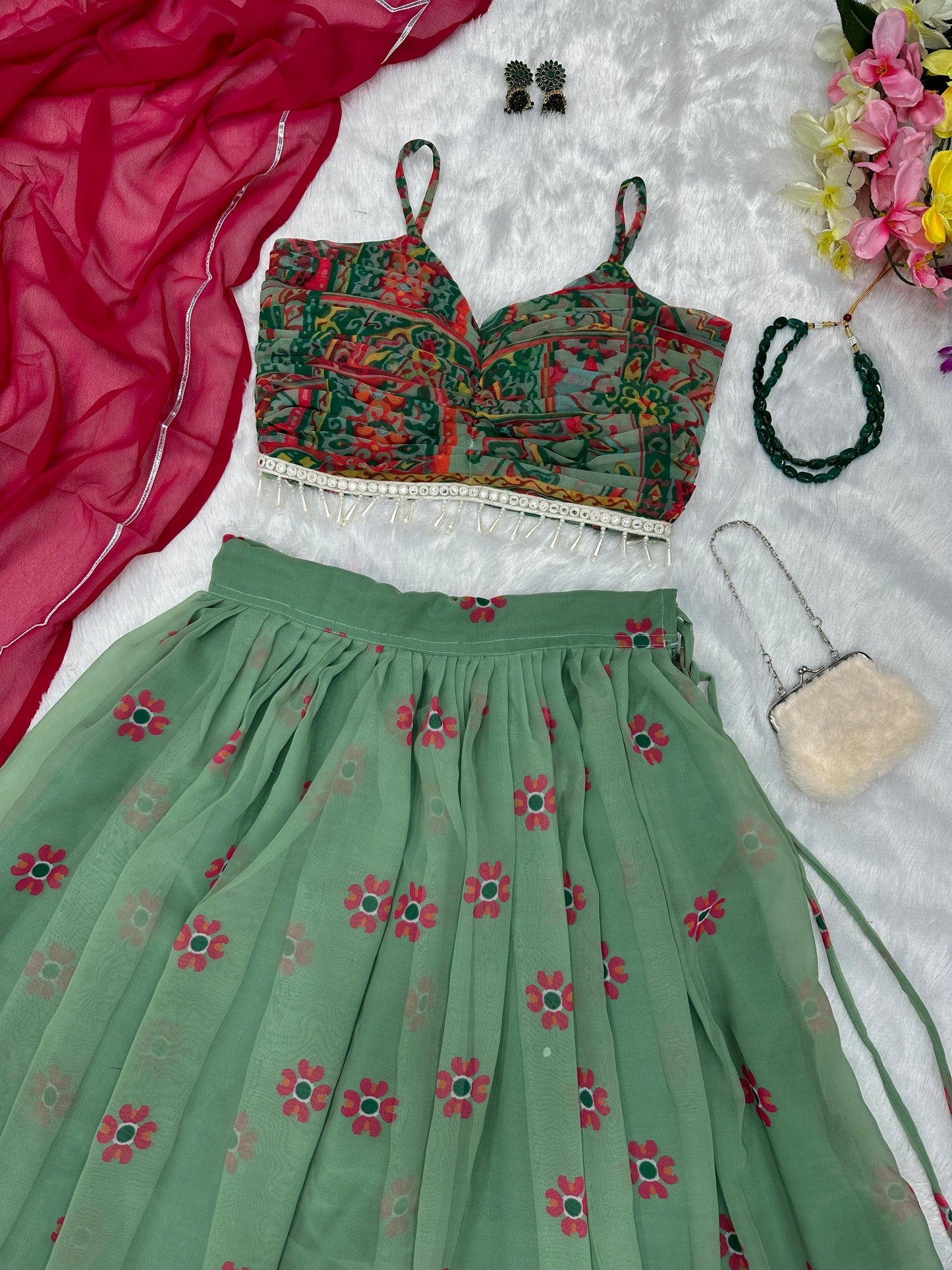Wonderful Digital Printed Pista Green Lehenga Choli