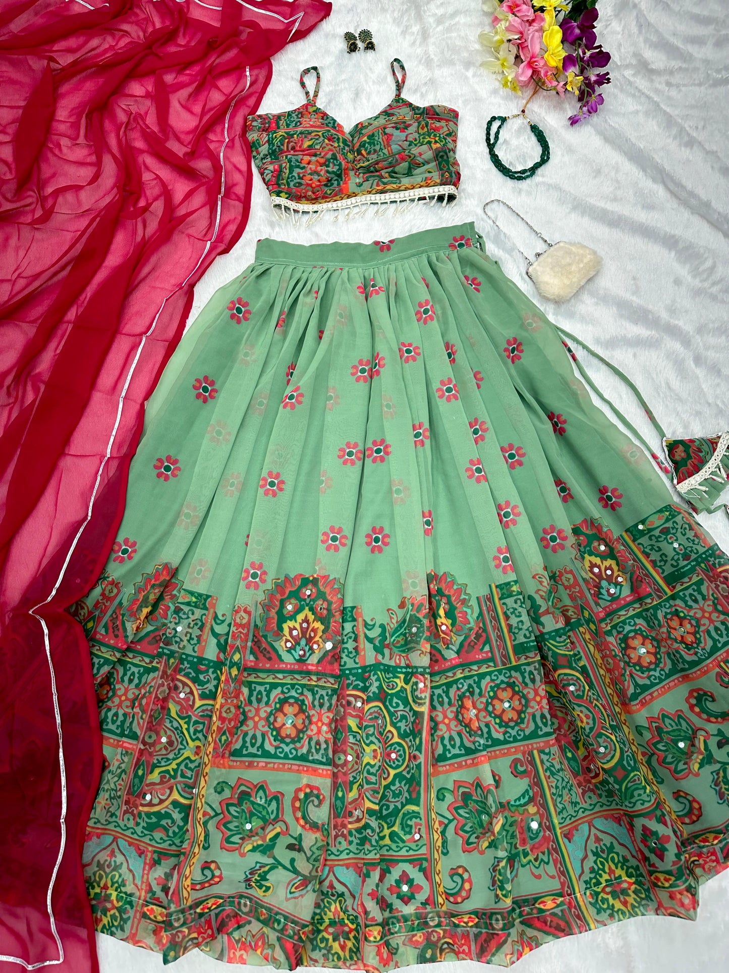 Wonderful Digital Printed Pista Green Lehenga Choli